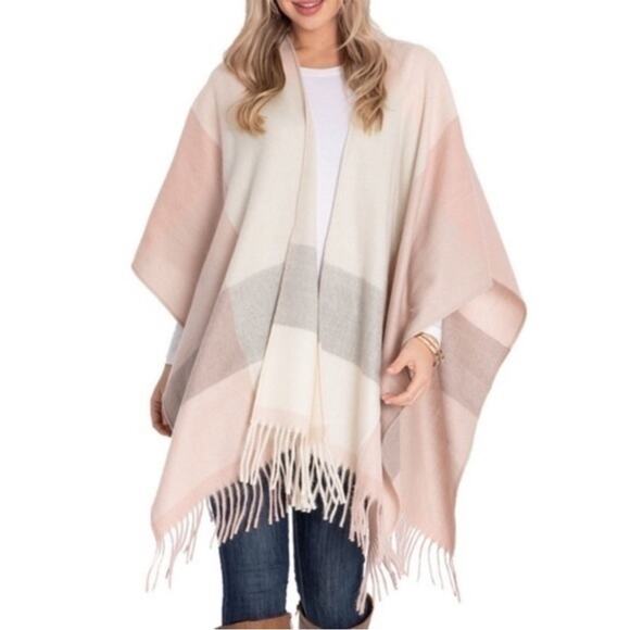 Woolrich Cozy Blanket Scarf Wrap Open Front Cream Pink Plaid Women One Size - Picture 1 of 13